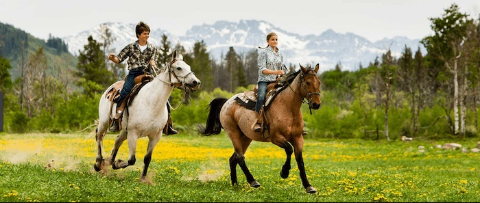Confident plus-size woman riding Small Heath a horse through a field with a smile on her face.